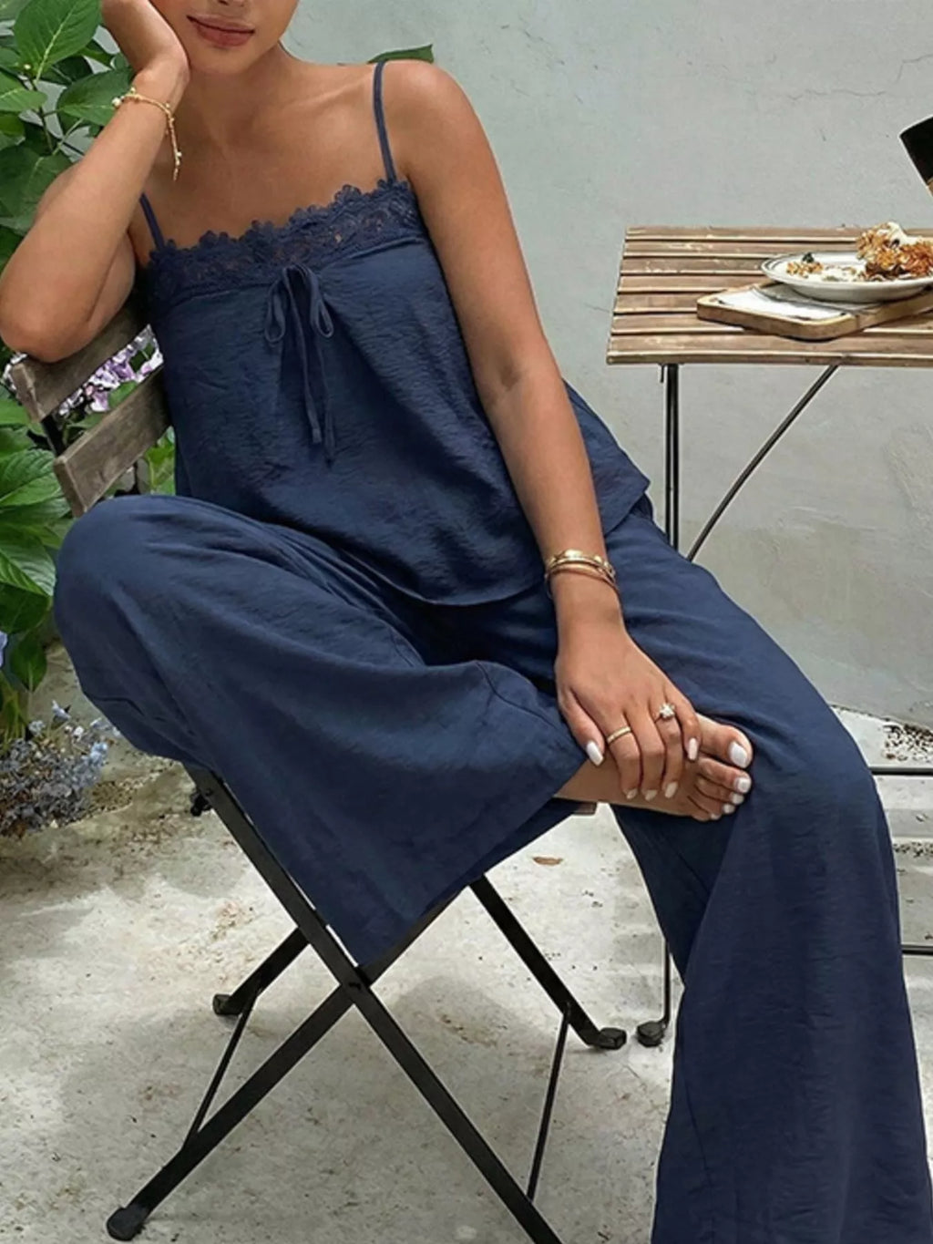 Lace Trim Cami and Wide-Leg Pants Set