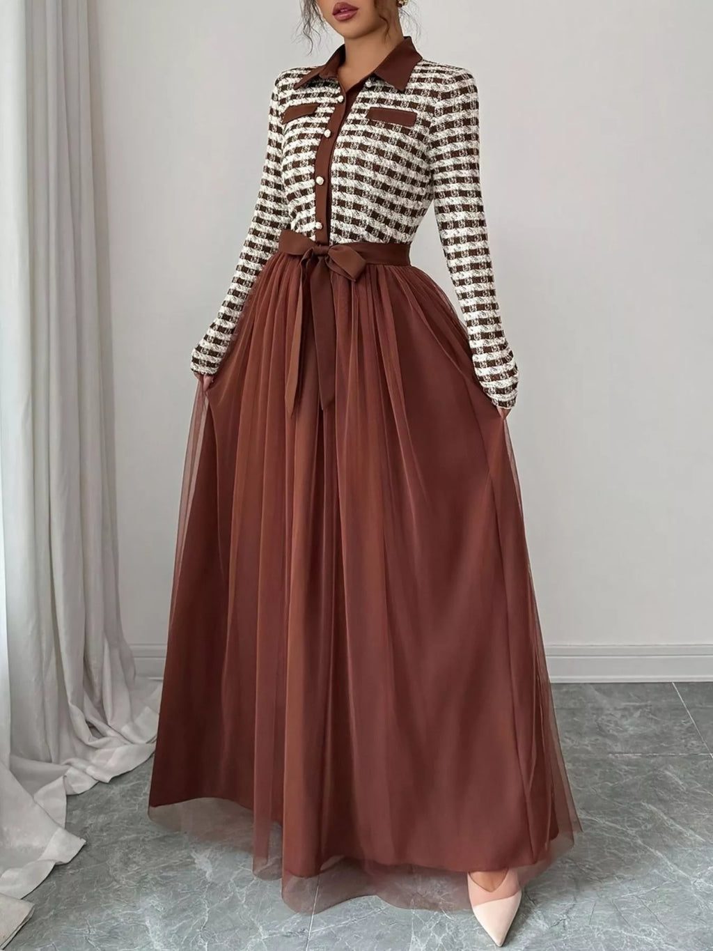 Plaid Long Sleeve Tulle Maxi Dress