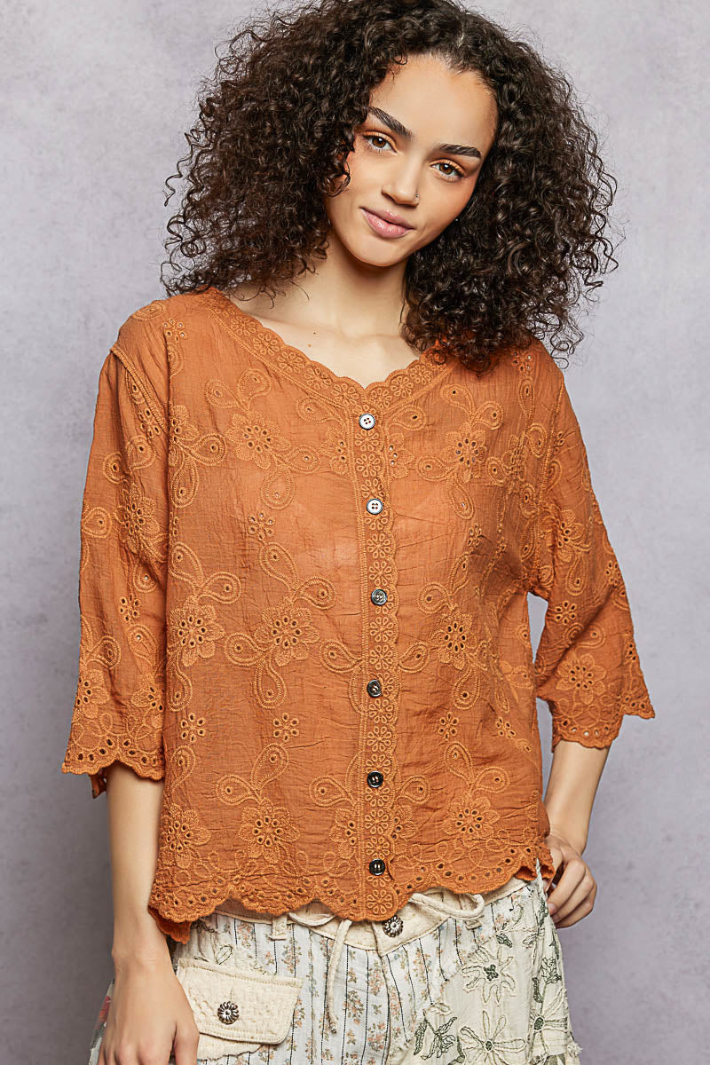 POL Floral Eyelet V-Neck Salloped Shirt