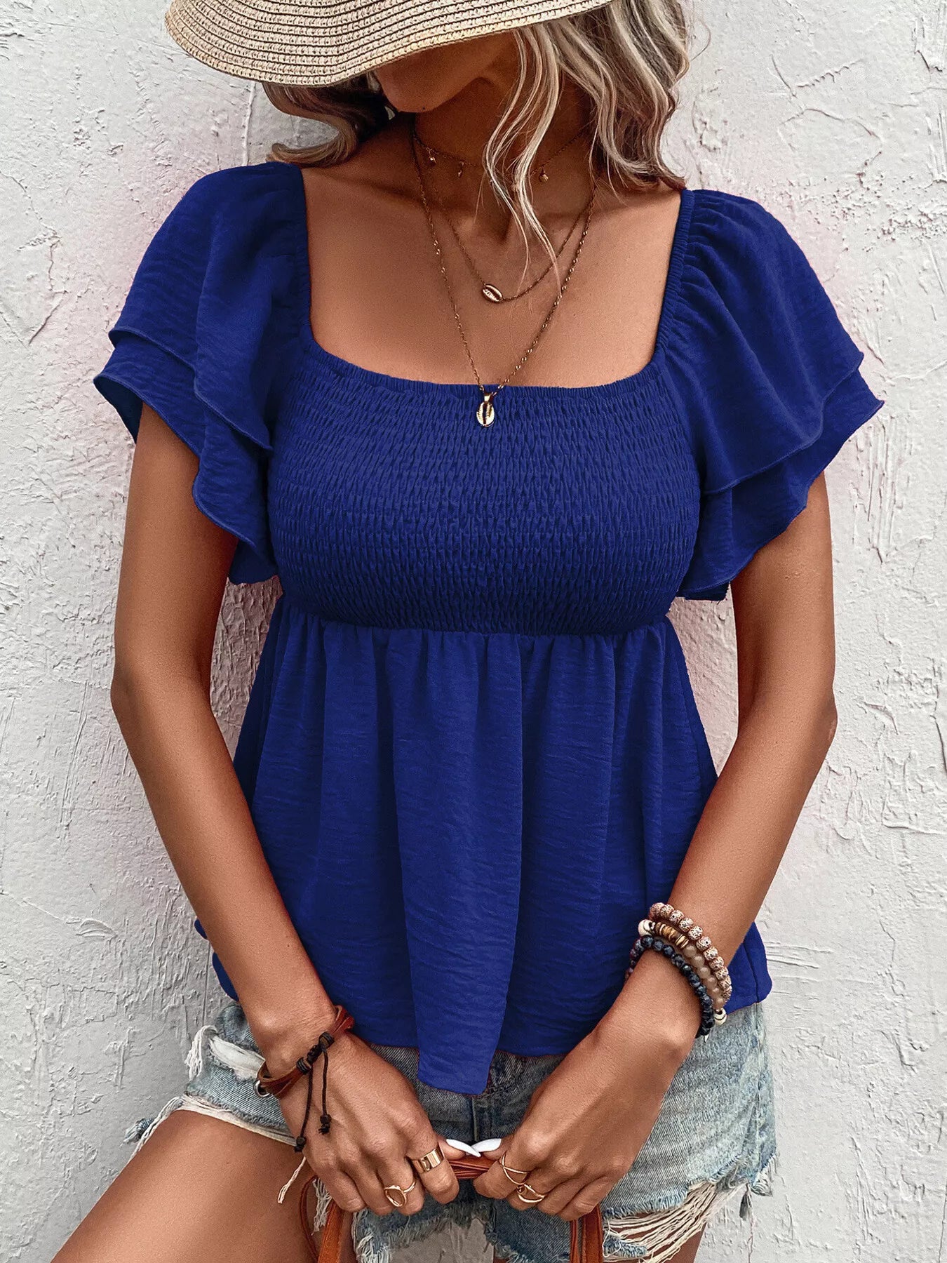 Smocked Square Neck Ruffle Sleeve Blouse