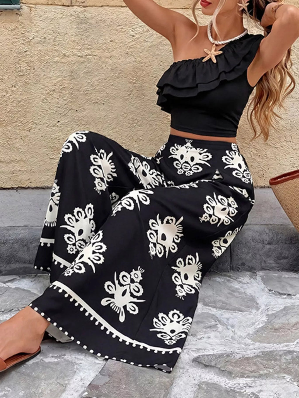 One-Shoulder Ruffled Crop Top and Wide-Leg Printed Pants Set