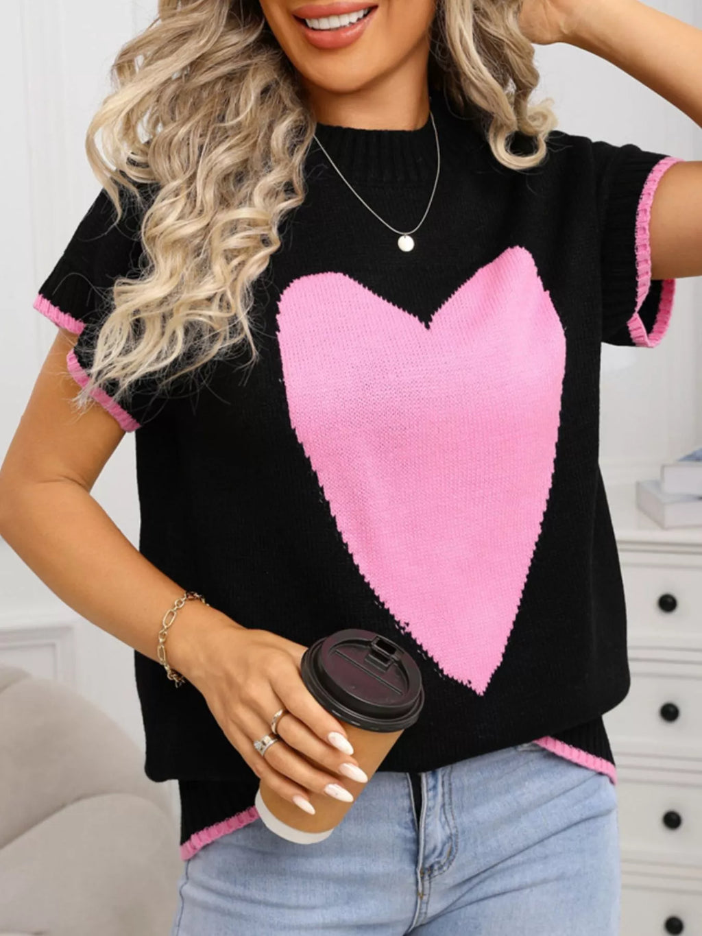 Valentine's Day Heart Graphic Short Sleeve Sweater