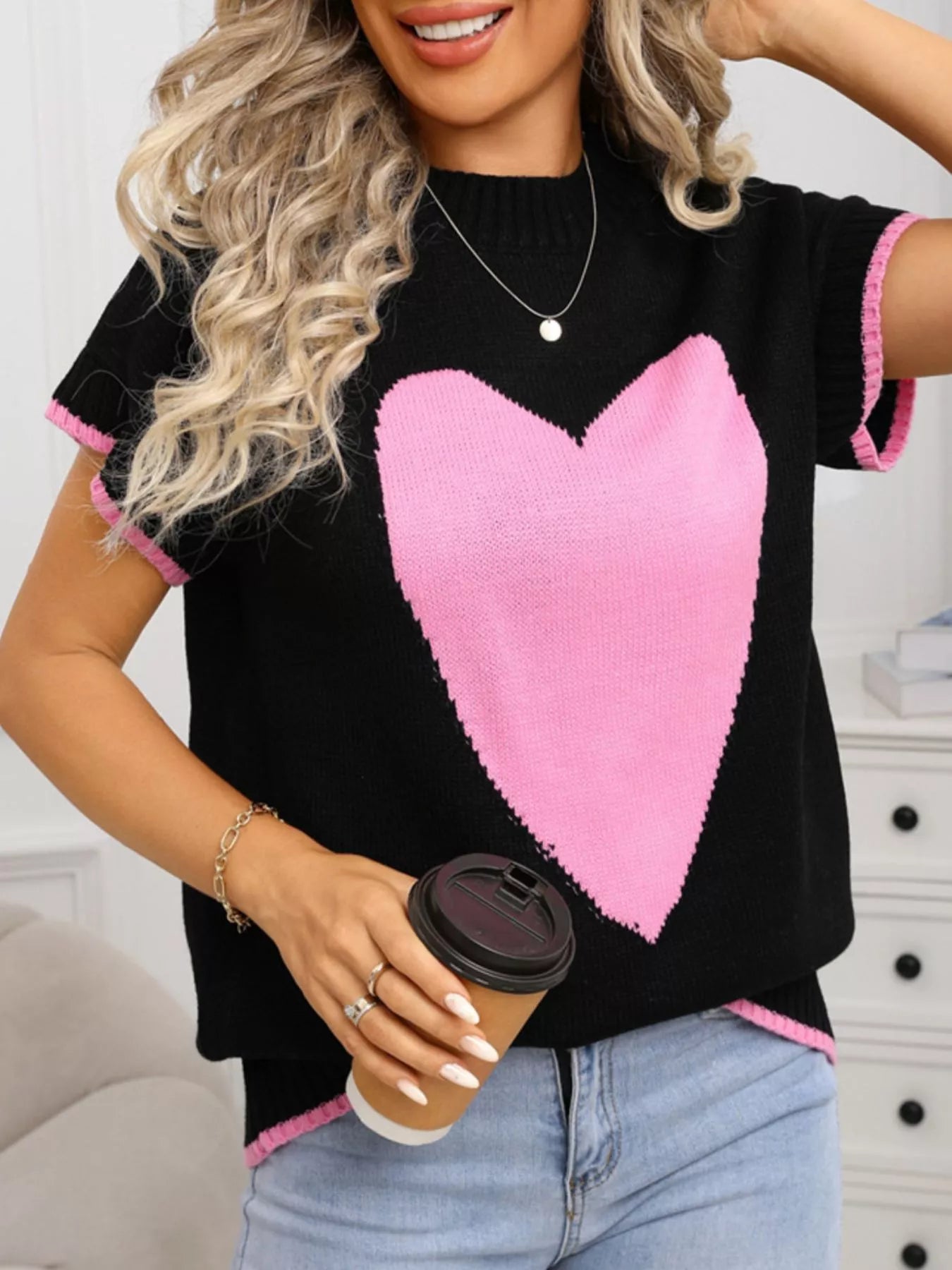 Valentine's Day Heart Graphic Short Sleeve Sweater