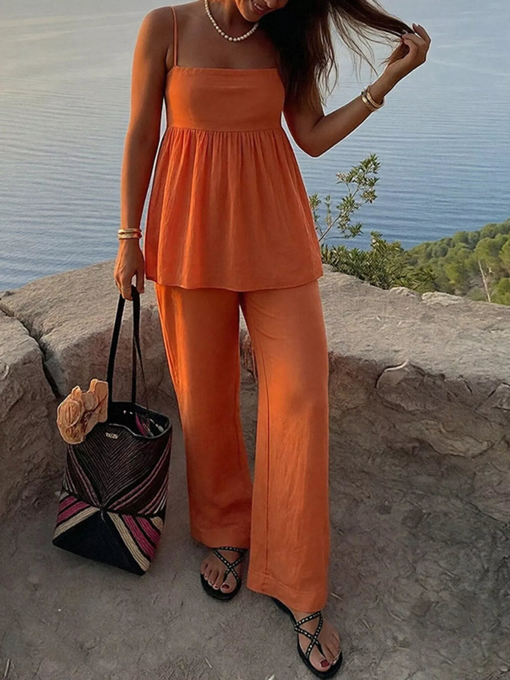 Square Neck Cami and Wide Leg Pants Set