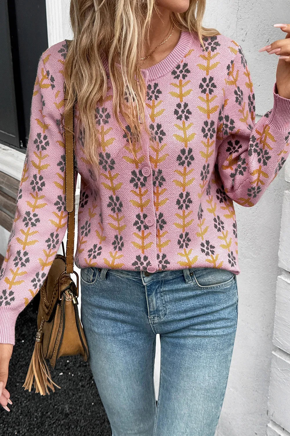 Floral Button-Up Knit Cardigan