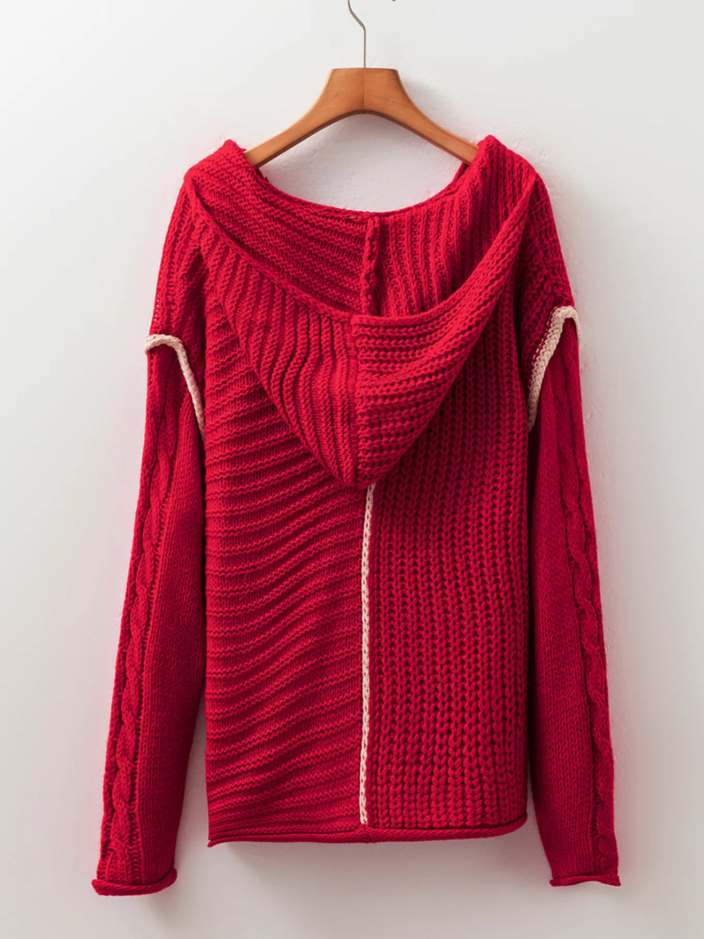 Contrast Trim Textured Knit Drawstring Hooded Sweater