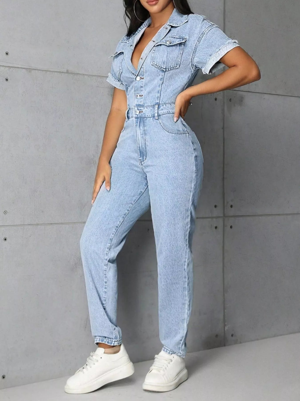 Button Front Short Sleeve Denim Jumpsuit