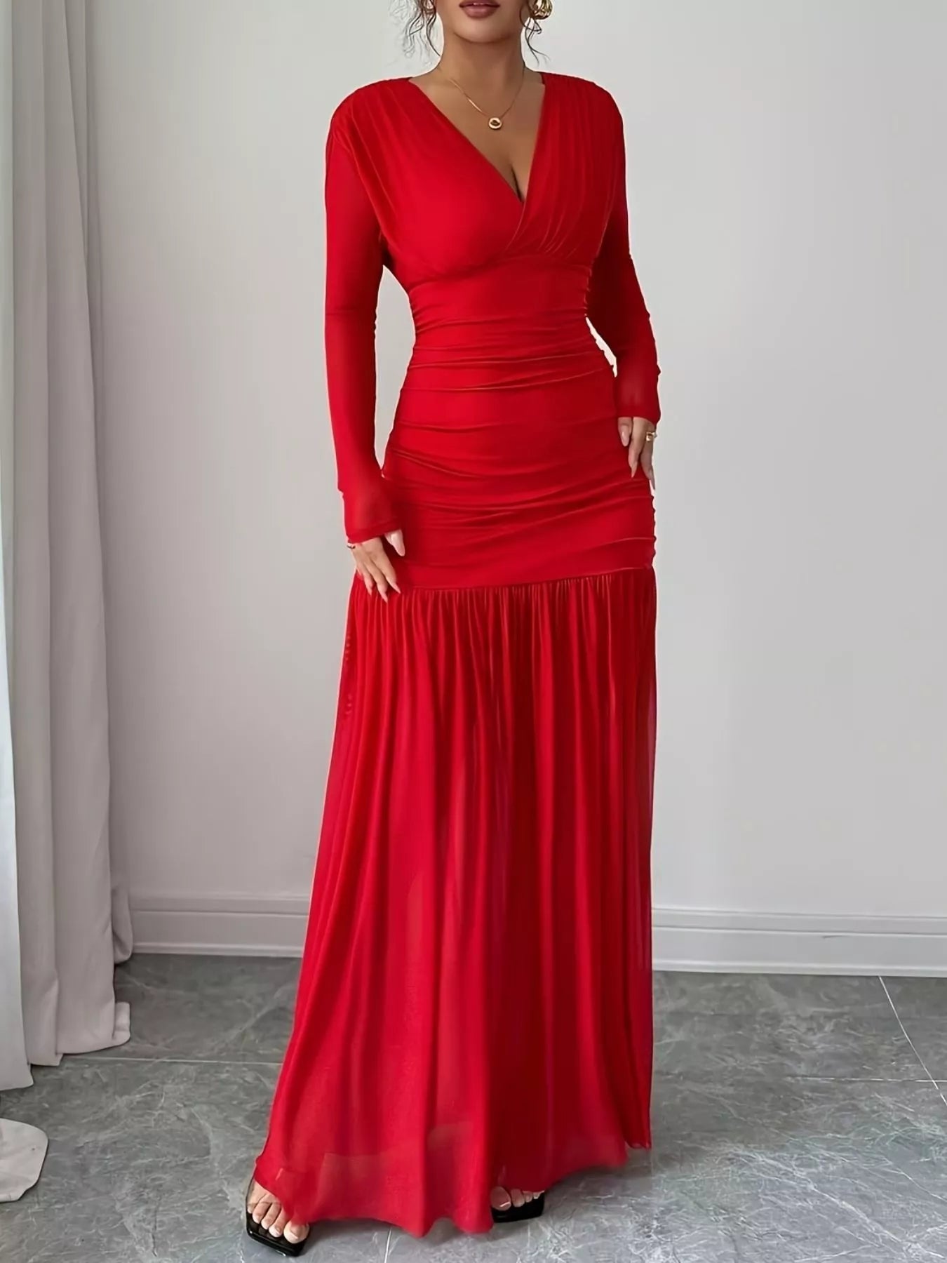 Ruched Surplice Long Sleeve Maxi Dress