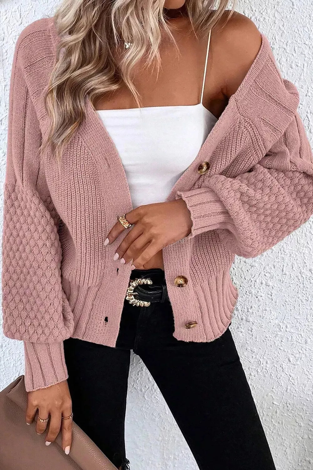 Mixed Texture Knit Button V Neck Sweater Cardigan