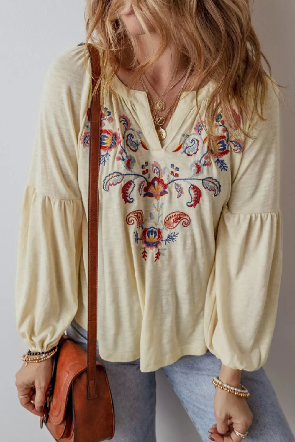 Embroidered Notched Long Sleeve Blouse
