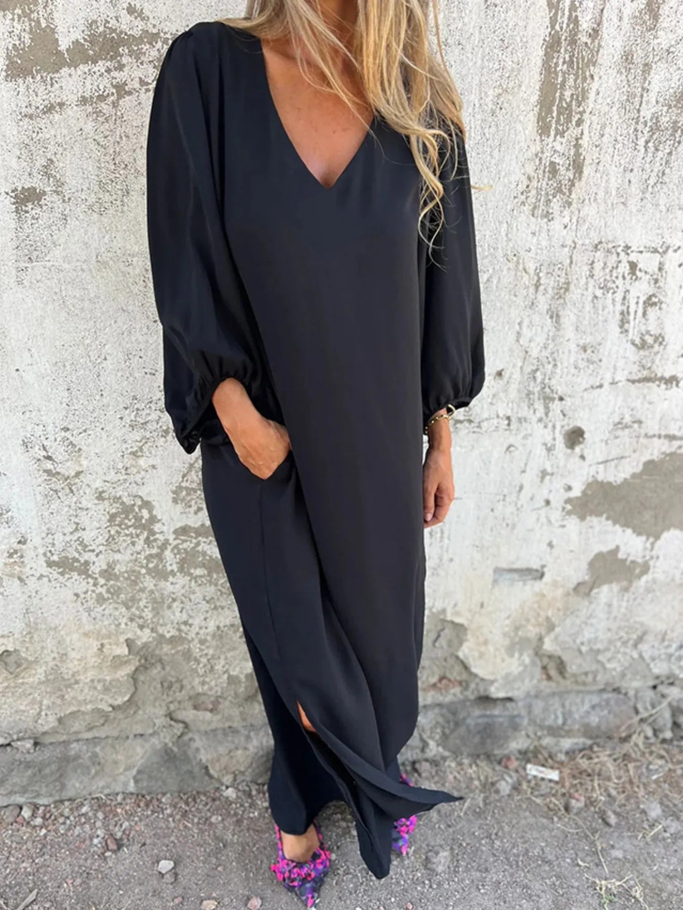 Full Size Slit V-Neck Balloon Sleeve Midi Dress Plus Size