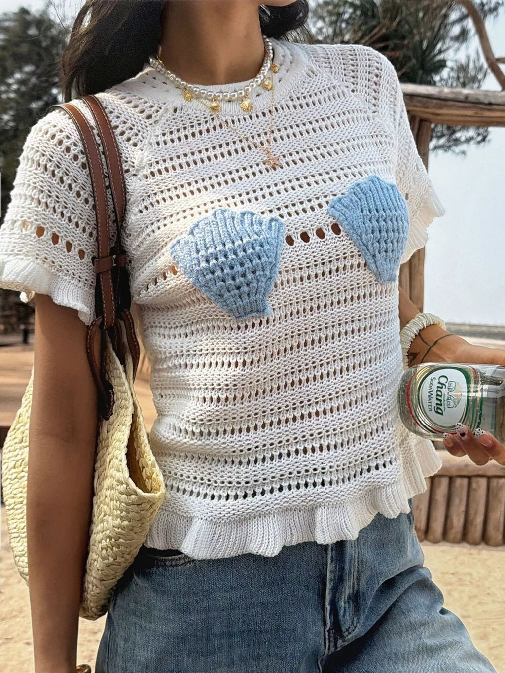 Openwork Ruffled Hem Knit Top