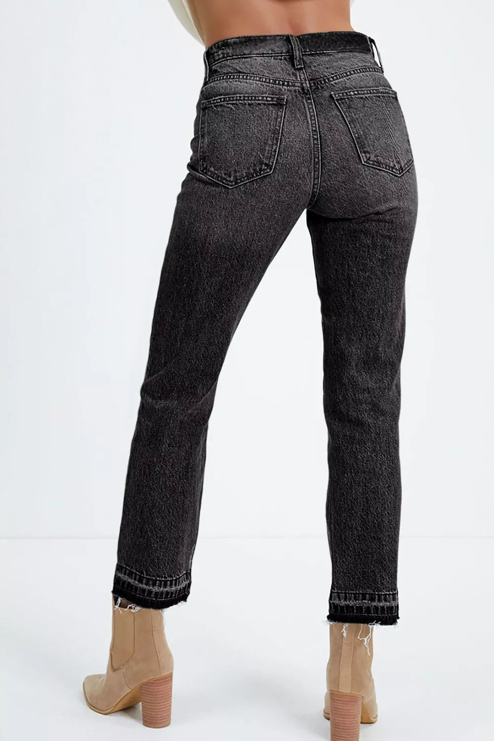 High-Waisted Distressed Hem Straight Leg Jeans