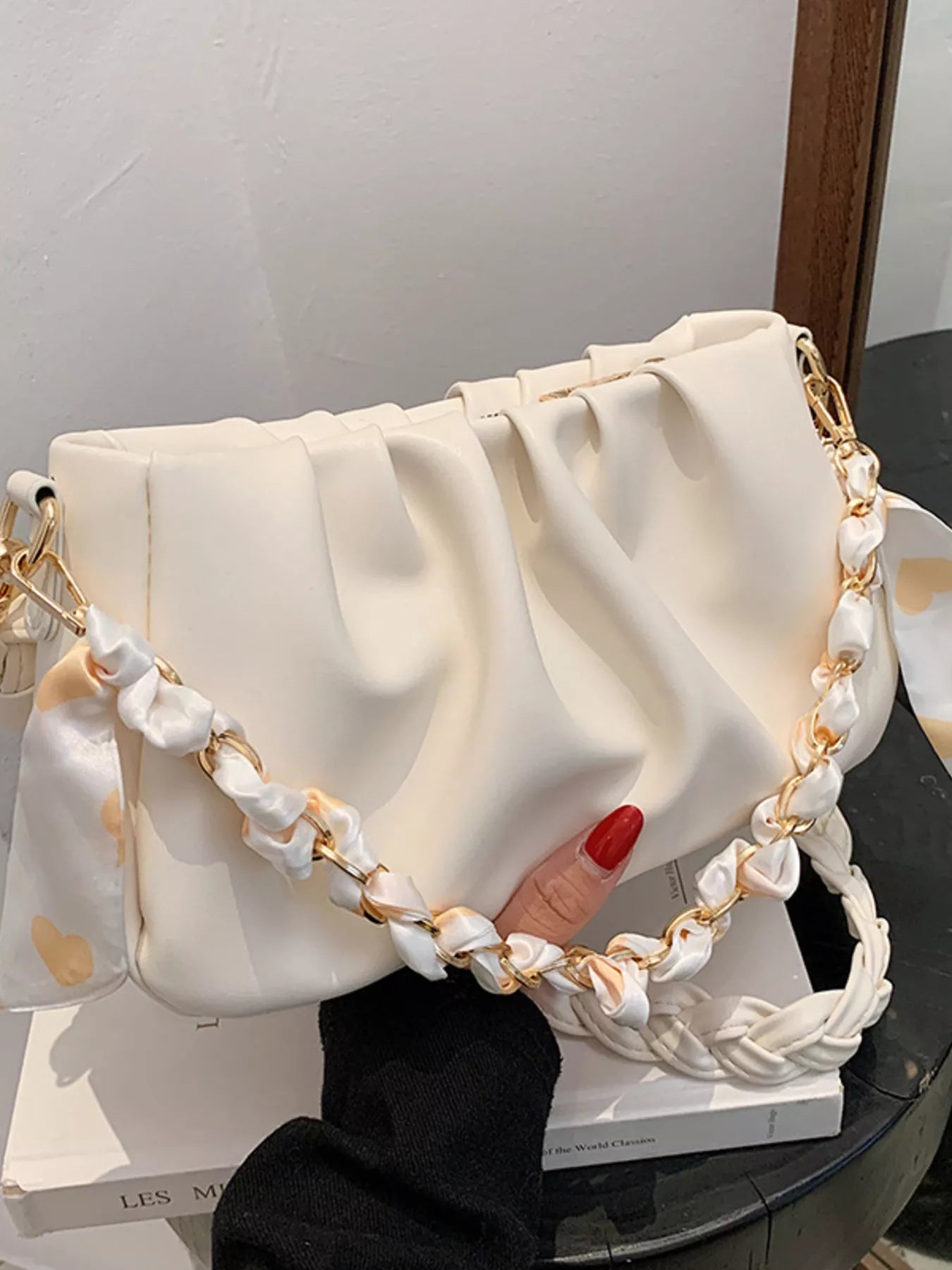 Ruched Braided Handle Shoulder Bag