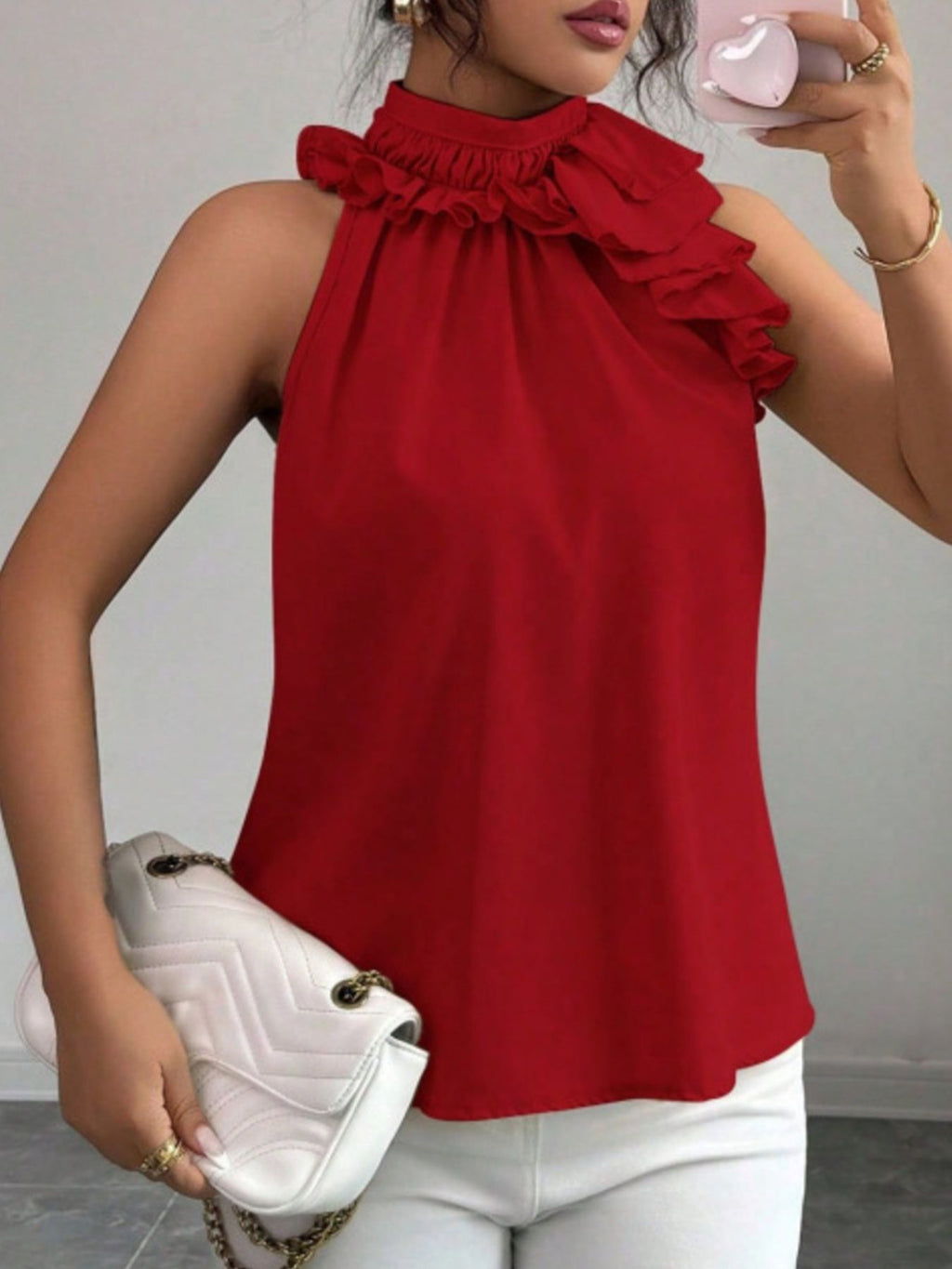Ruffle High Neck Sleeveless Top
