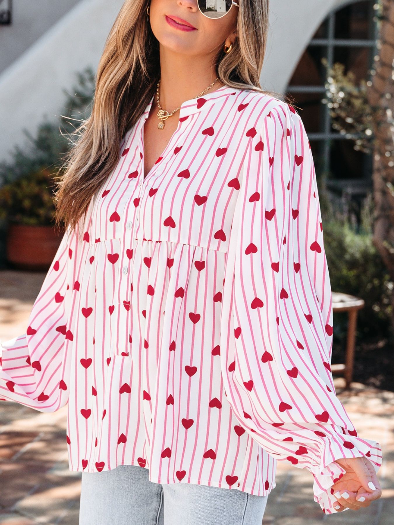 Stripe Textured Heart Print Long Flounce Sleeve Shirt
