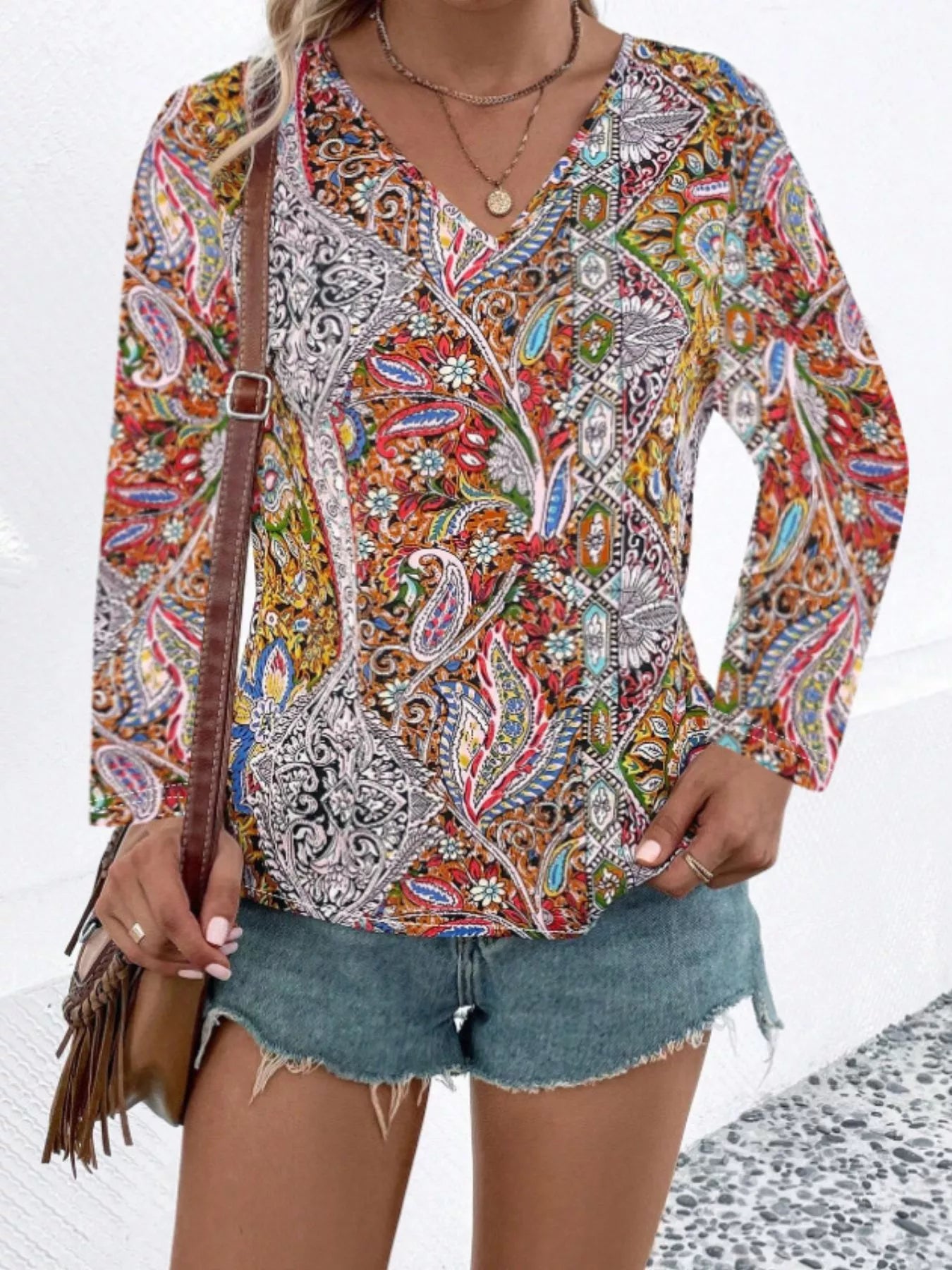 Printed V-Neck Long Sleeve Blouse