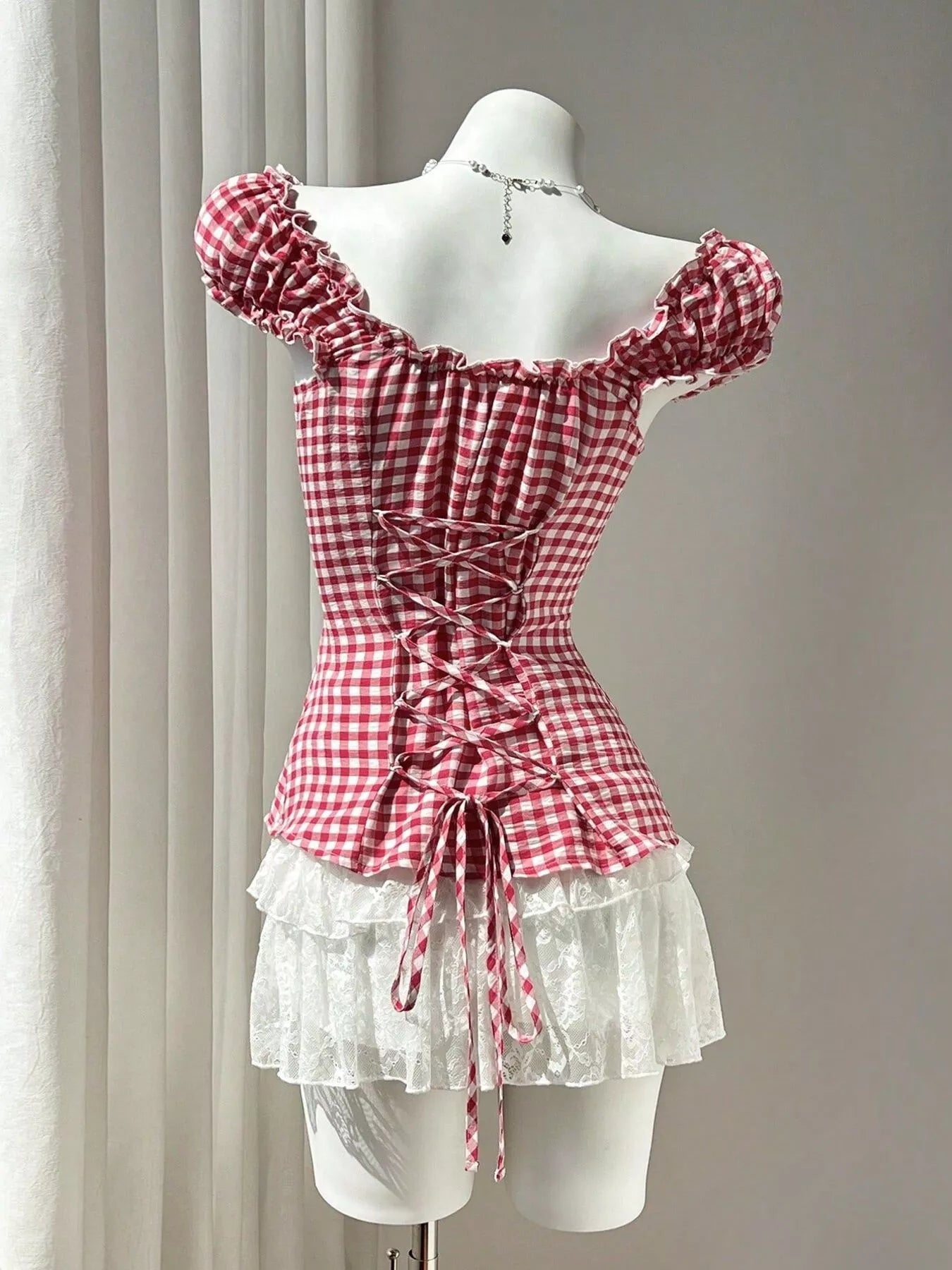 Frill Gingham Cap Sleeve Blouse