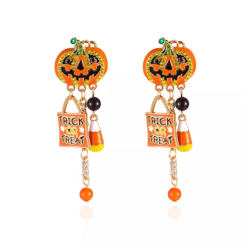 Halloween Rhinestone Pumpkin Drop Earrings
