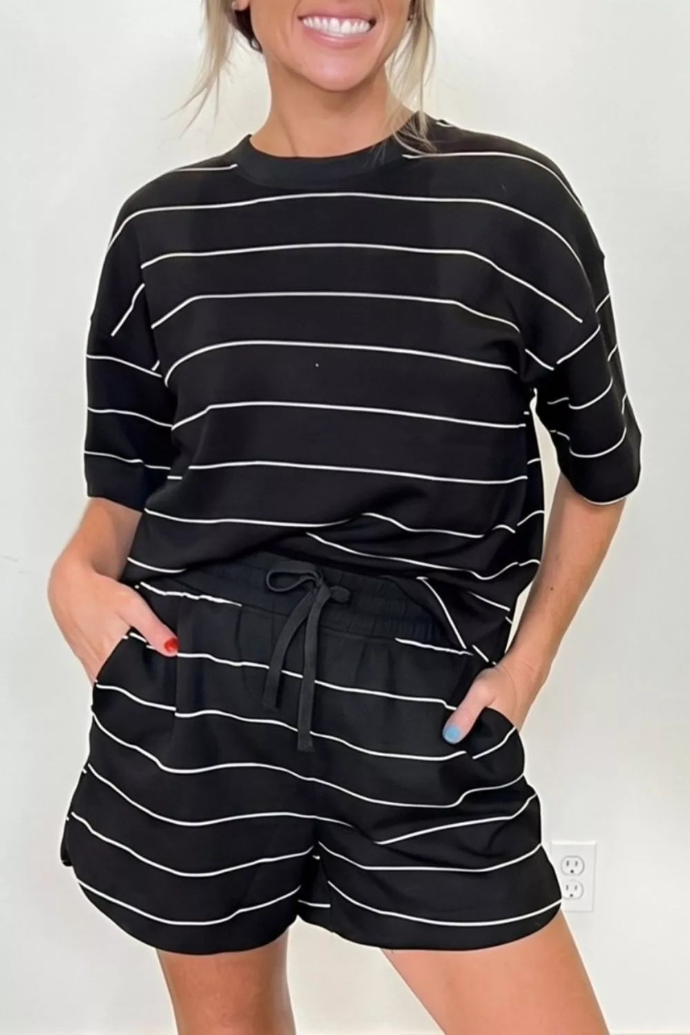Striped Round Neck Top and Drawstring Shorts Set