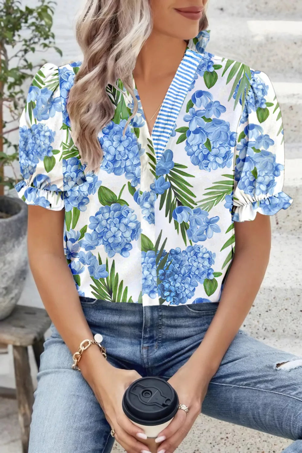 Palm Floral Print Striped Patchwork V Neck Short Sleeve Blouse
