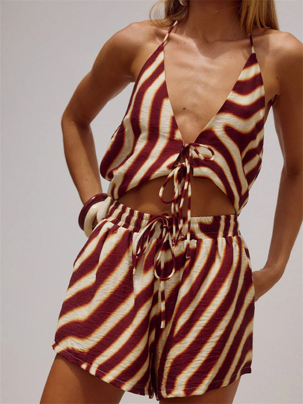 Zebra Print Halter Neck Top and Shorts Set