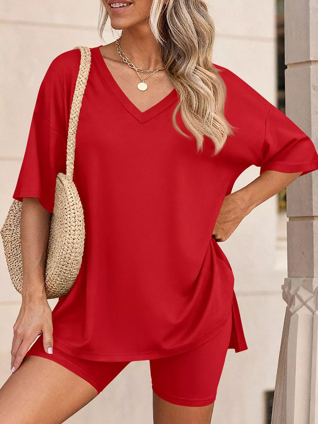 Full Size Casual Loose V-Neck T-Shirt & Shorts Set Plus Size