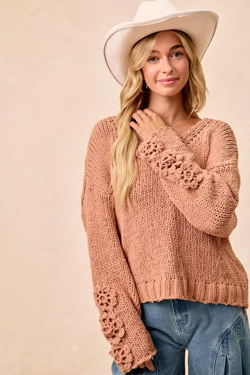BiBi Chunky Knit Sweater with Flower Detail Sleeves