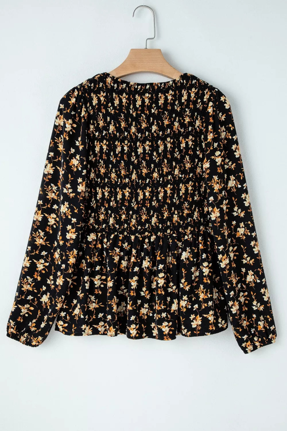 Floral Print Smocked Waist Long Sleeve Blouse