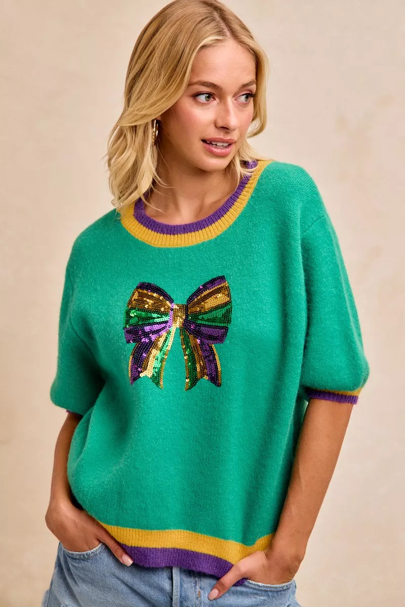 BiBi Mardi Gras Sequin Ribbon Patched Sweater