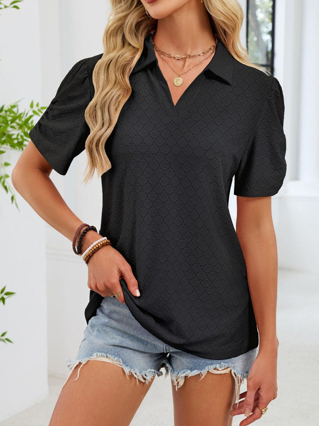 Eyelet Short Sleeve Blouse