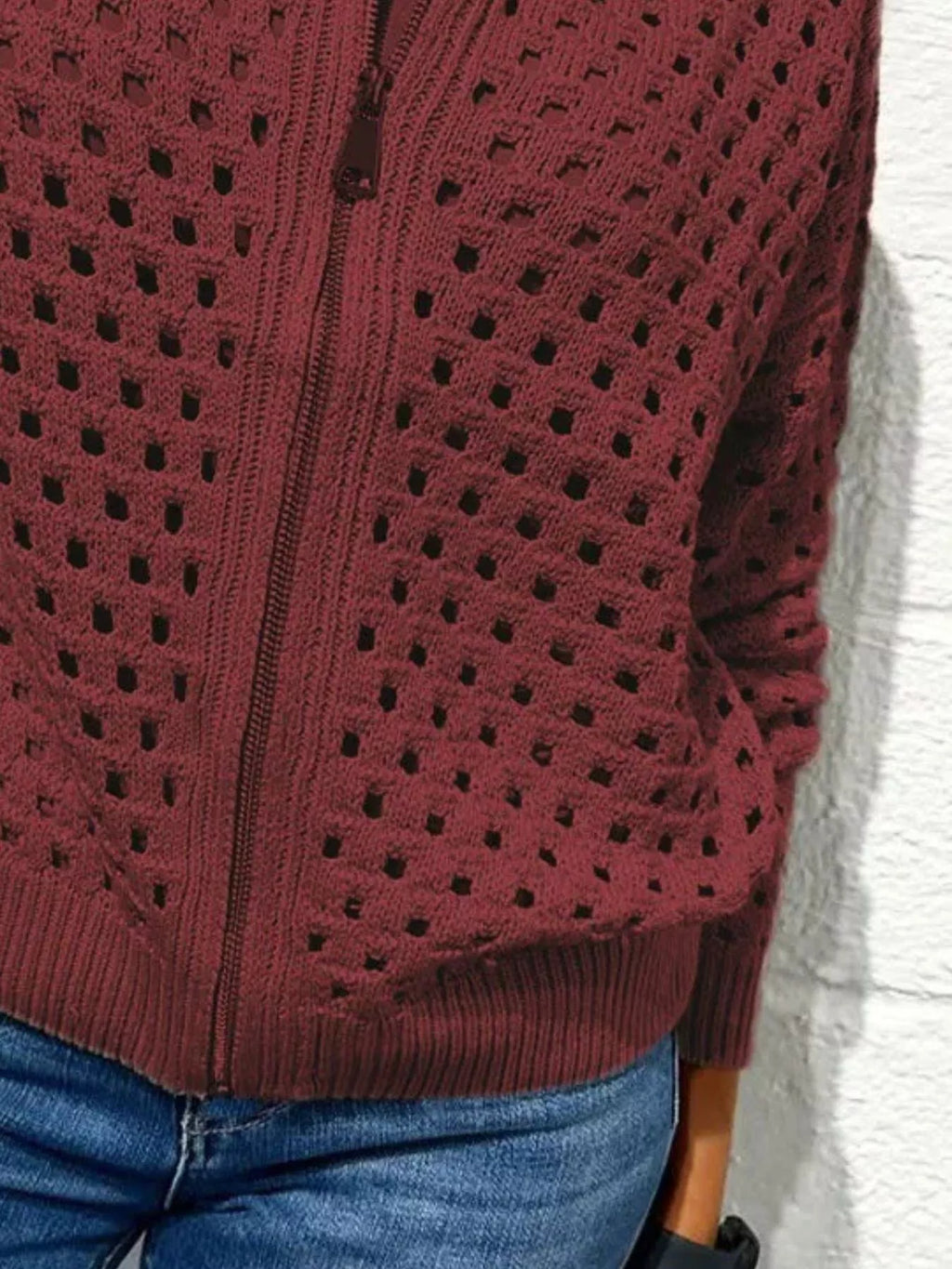 Full Size Zip Up Long Sleeve Cardigan with Eyelet Detail Plus Size
