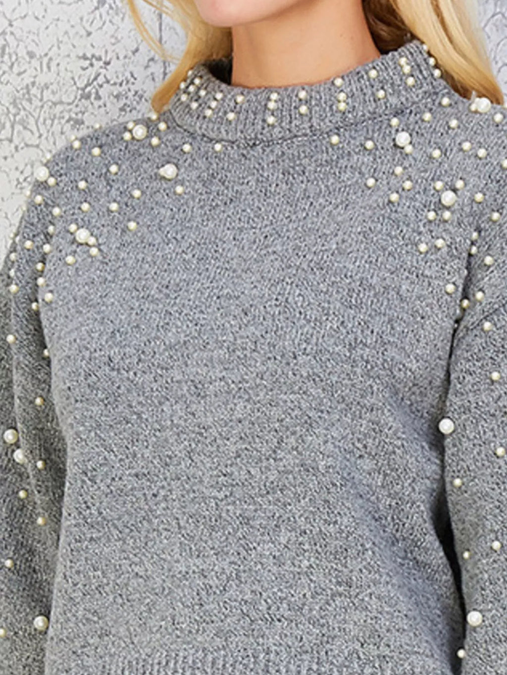 Pearl-Embellished Mock Neck Sweater