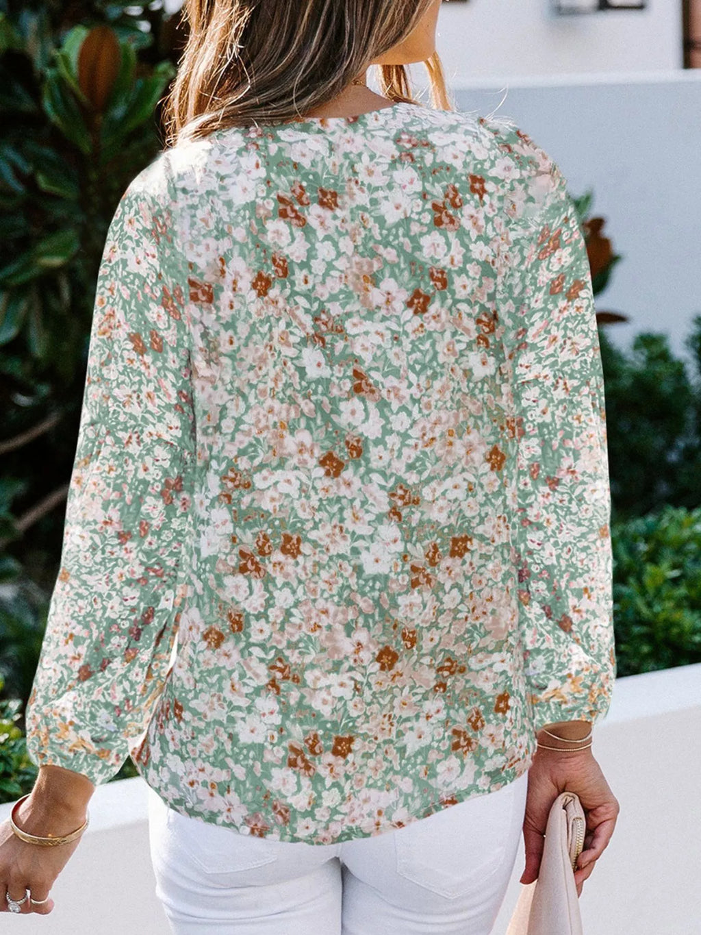 Full Size Floral Print V-Neck Long Sleeve Blouse Plus Size