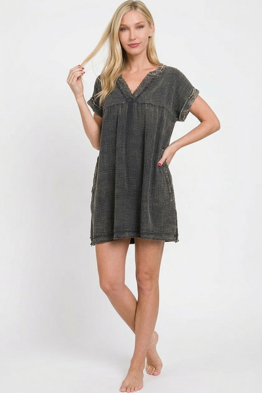 Zenana Washed Double Gauze Raw Edge V-neck Dress