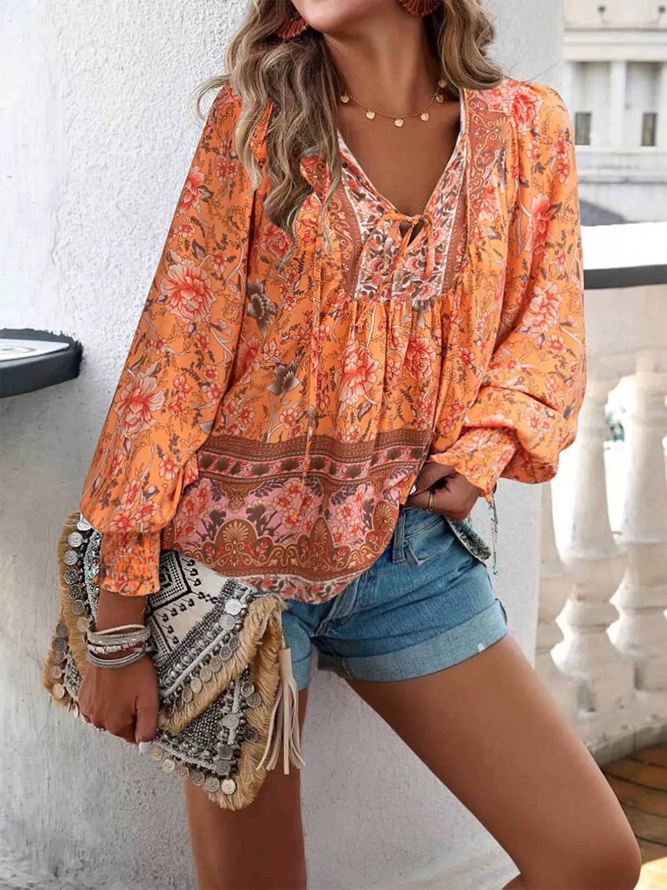 Floral Print Tie Neck Bohemian Blouse