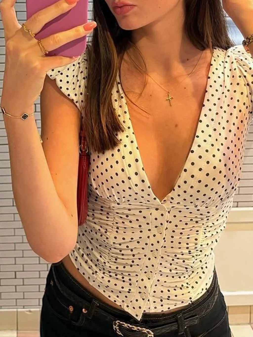 Polka Dot Ruched V-Neck Top
