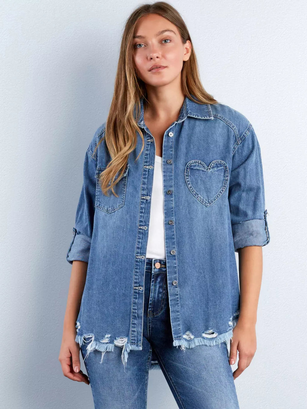 Frayed Hem Roll-Up Sleeve Denim Shirt