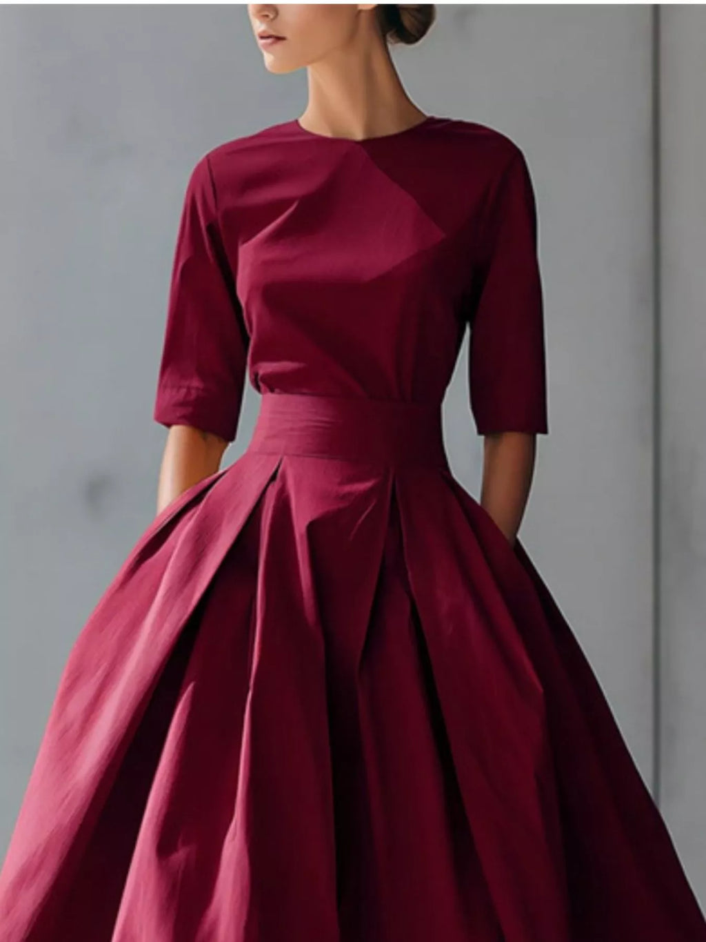 Round Neck A-Line Midi Dress