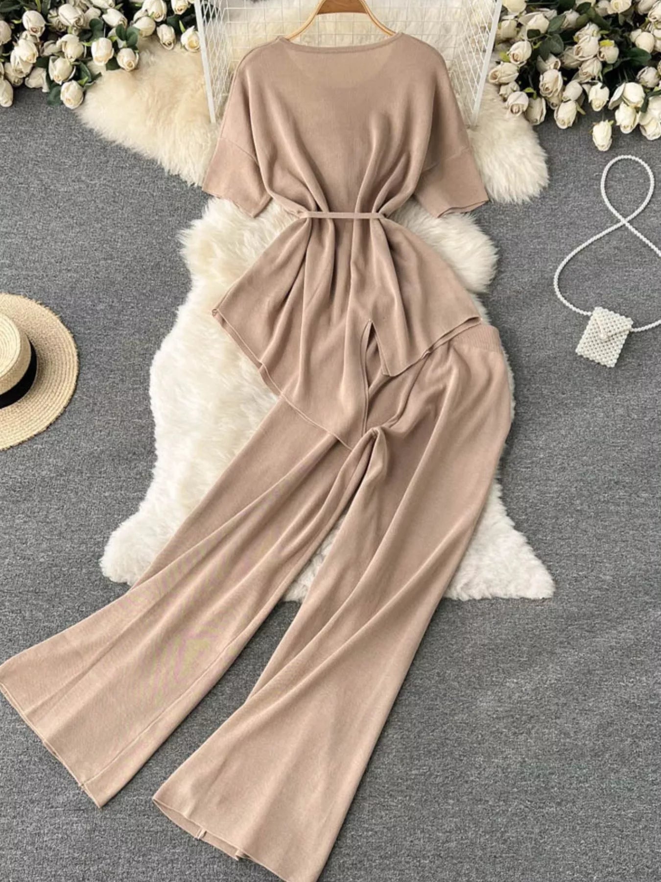 Short Sleeve Top and Wide Leg Pants Set