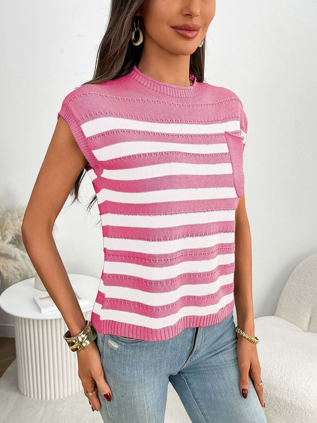 Striped Knit Pocket Detail Cap Sleeve Sweater