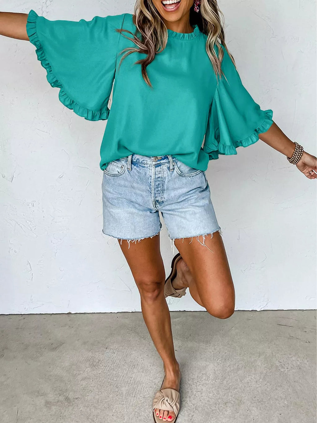 Ruffle Trim Half Sleeve Blouse