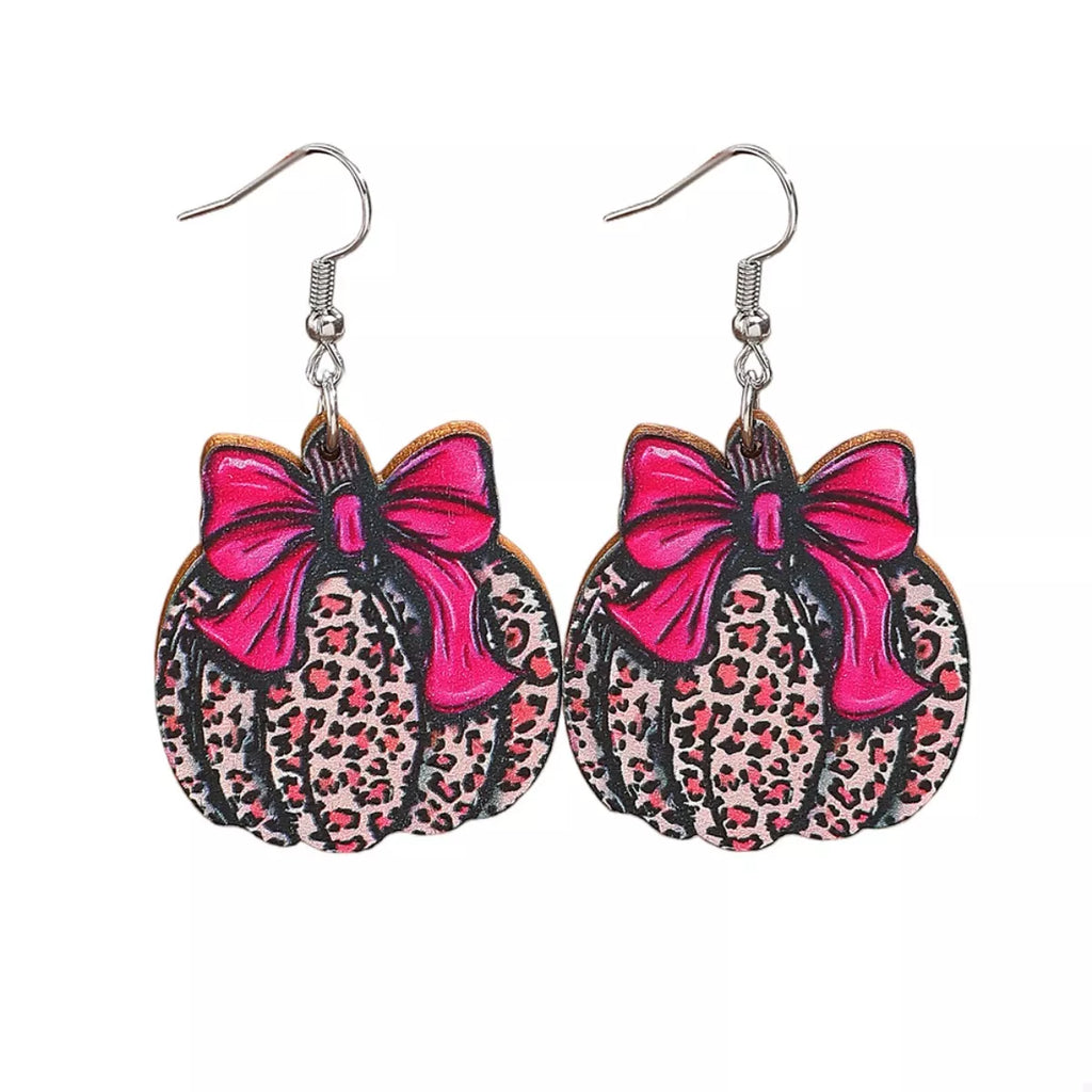 Halloween Pumpkin Leopard Print Bow Earrings
