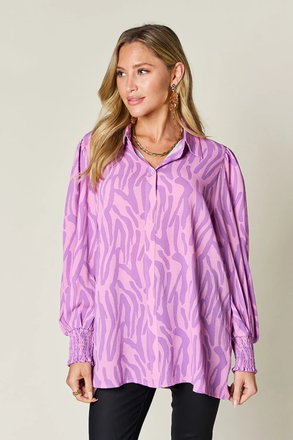 Double Take Full Size Printed Smocked Long Sleeve Blouse Plus Size
