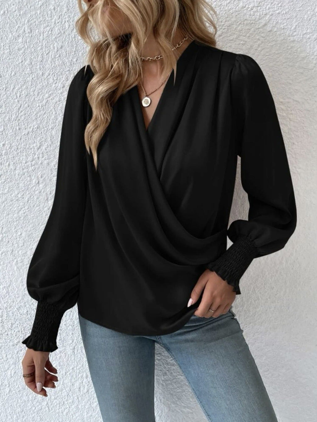 Ruched Surplice Long Sleeve Blouse
