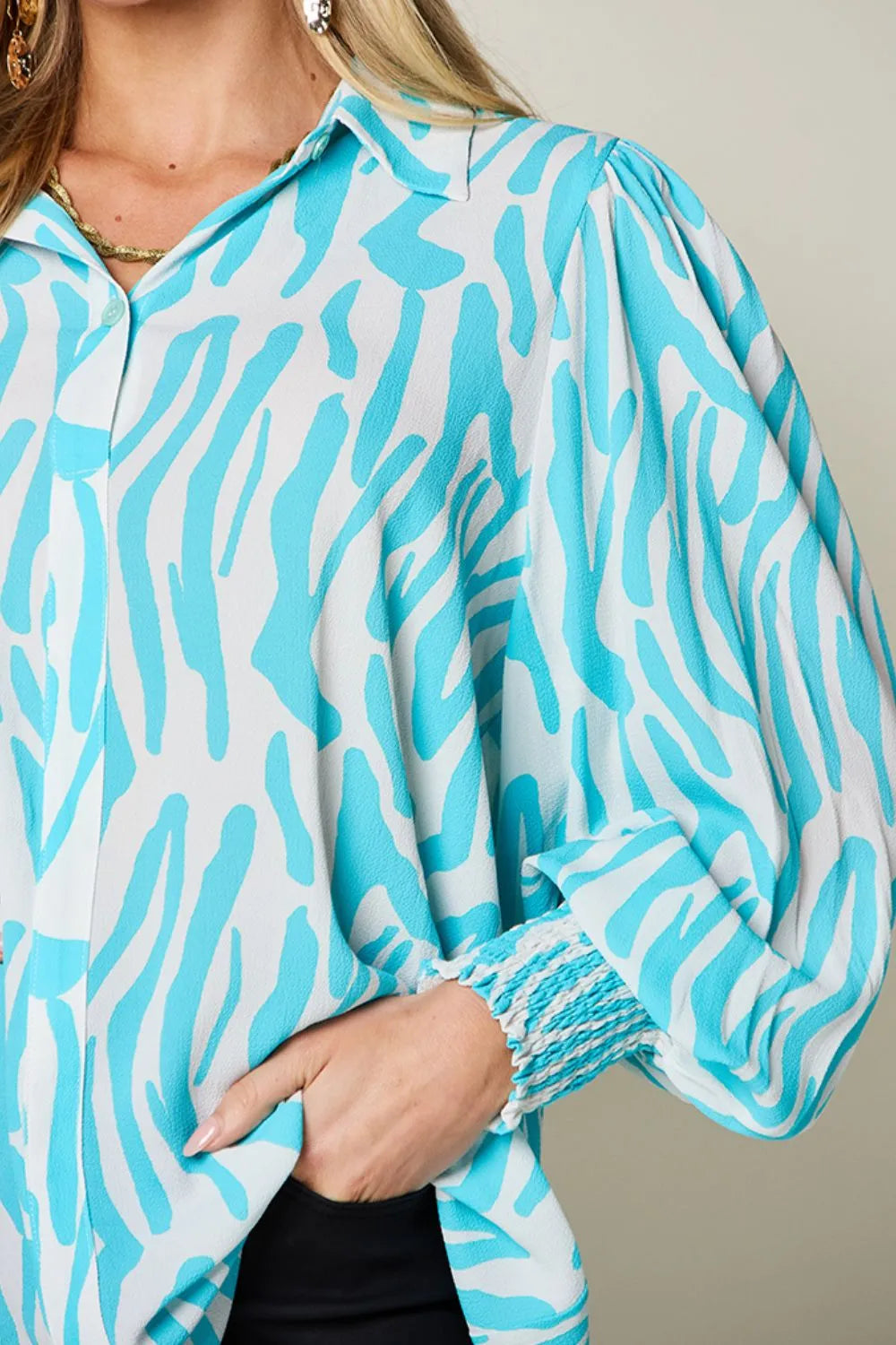 Double Take Full Size Printed Smocked Long Sleeve Blouse Plus Size