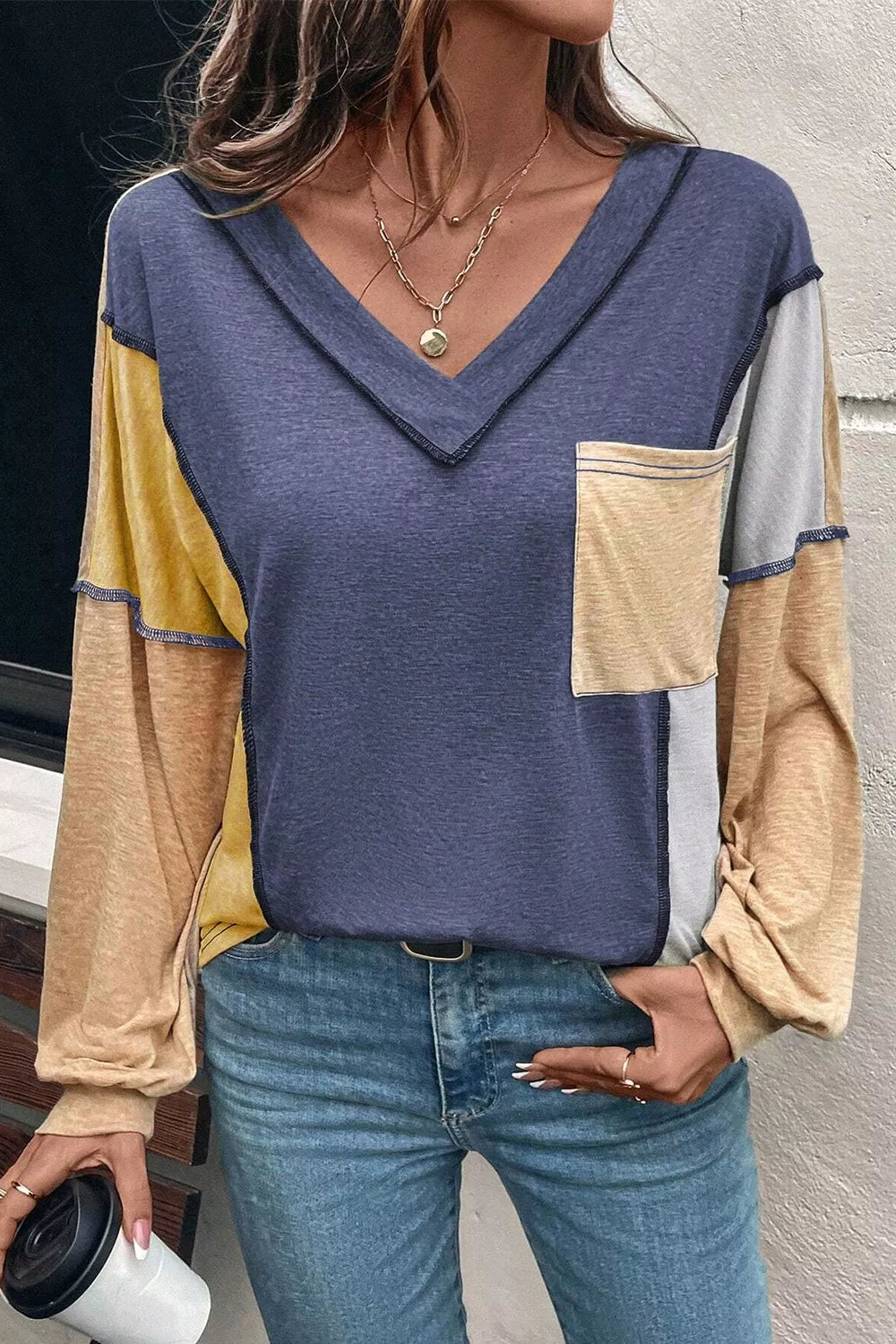Color Block V-Neck Long Sleeve Blouse