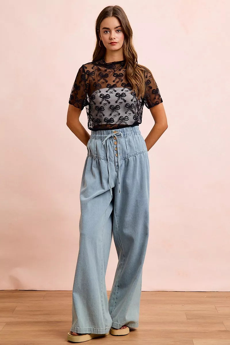 BiBi High Neckline Short Sleeves Bow Pattern Mesh Top