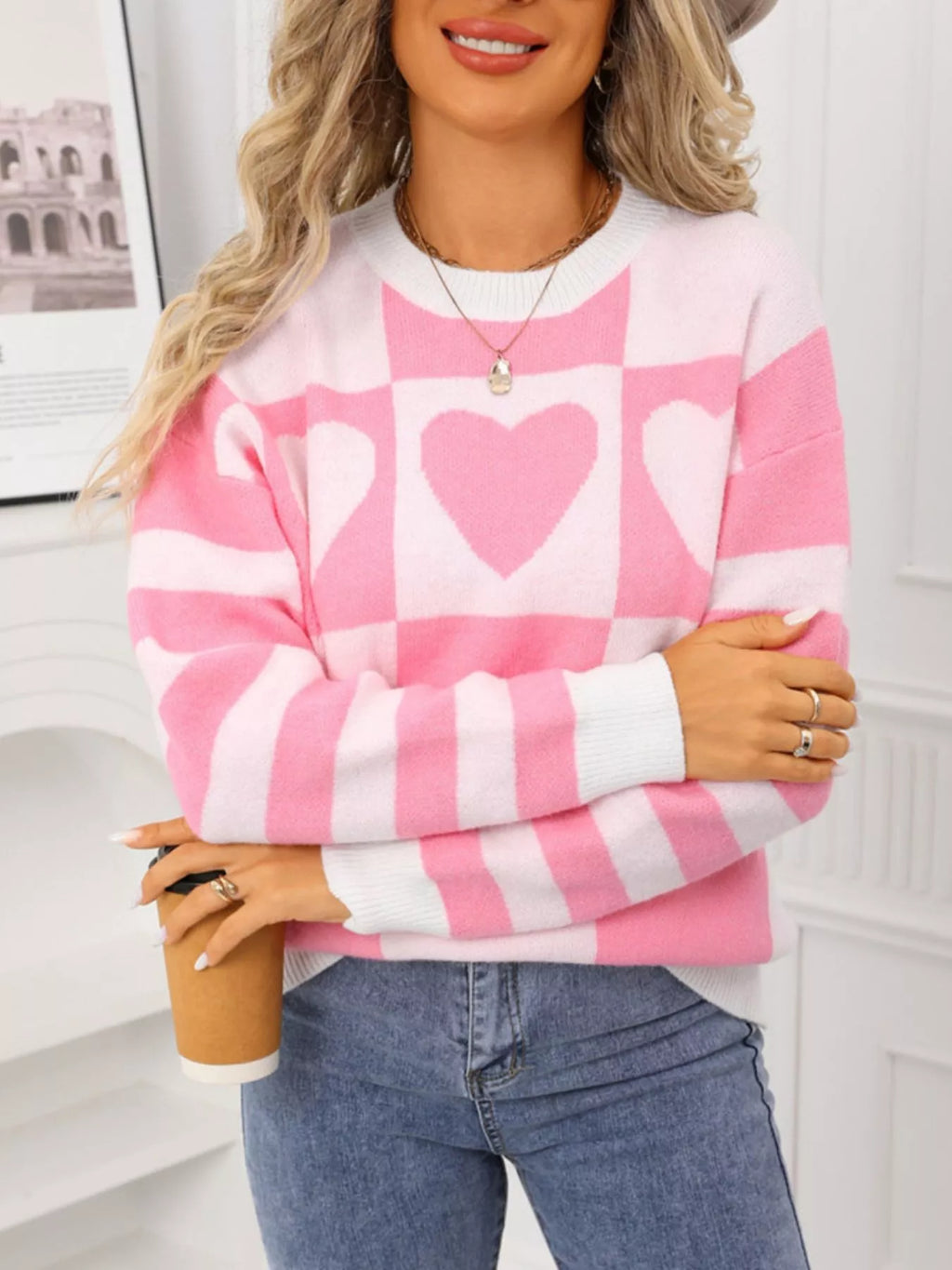 Heart Pattern Checkerboard Knit Sweater