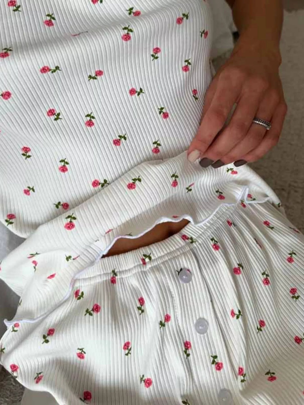 Floral Print Ribbed Knit Cami and Shorts Lounge Set